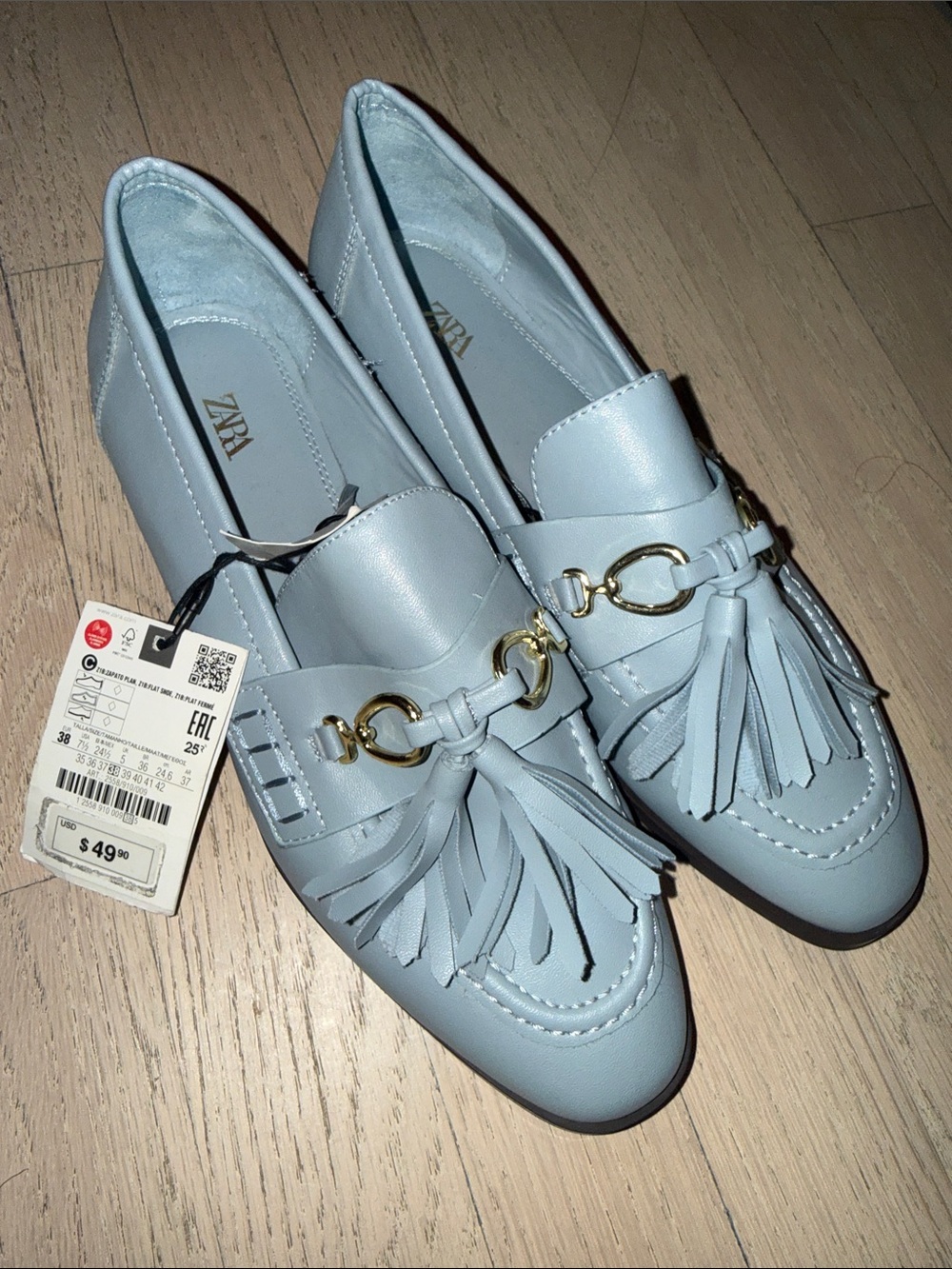 Zara Pale Blue Tassel Loafers with Gold Accent